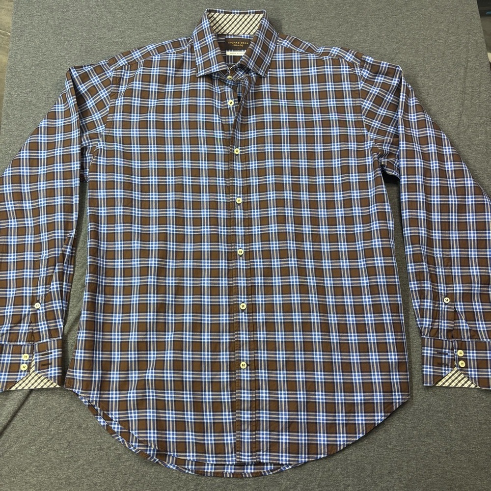 Thomas Dean‎ Men's Blue and Brown Checkered Shirt - Picture 2 of 7